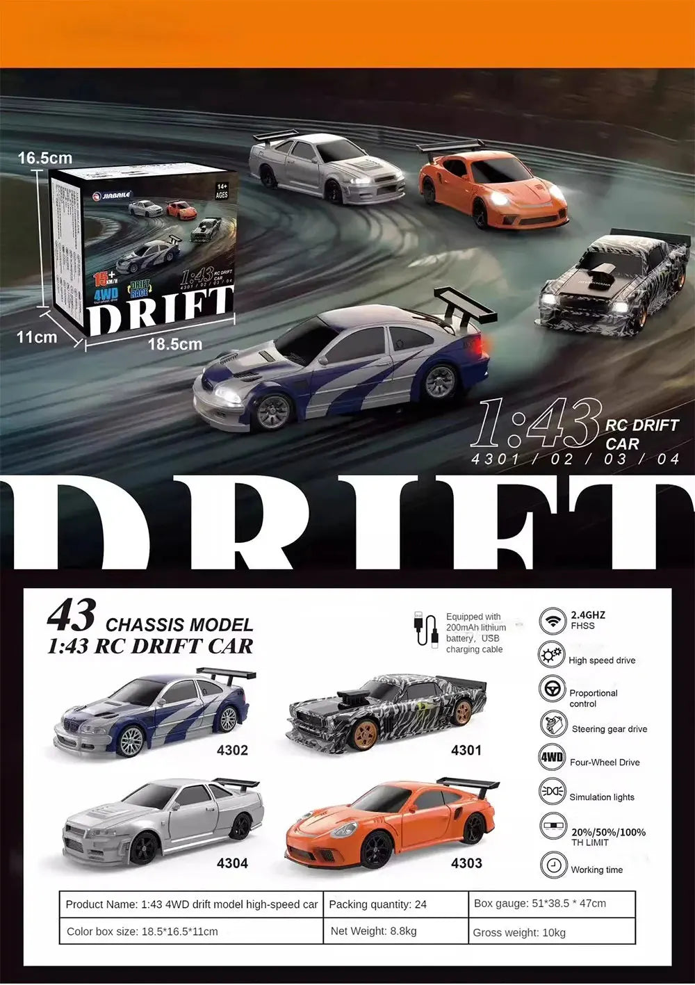 2.4G High speed Drift Rc Car 1/43 4WD Remote Control Car Four Wheel Drive Radio Controlled Mini GTR Racing Model Boy Toy Gift