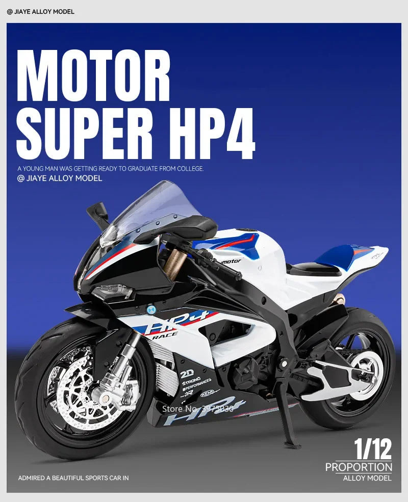 1:12 Scale BMW HP4 Motorcycle Model Car Toy Alloy Diecast Light Music Shock Absorption Motor Miniature Models Kids Birthday Gift