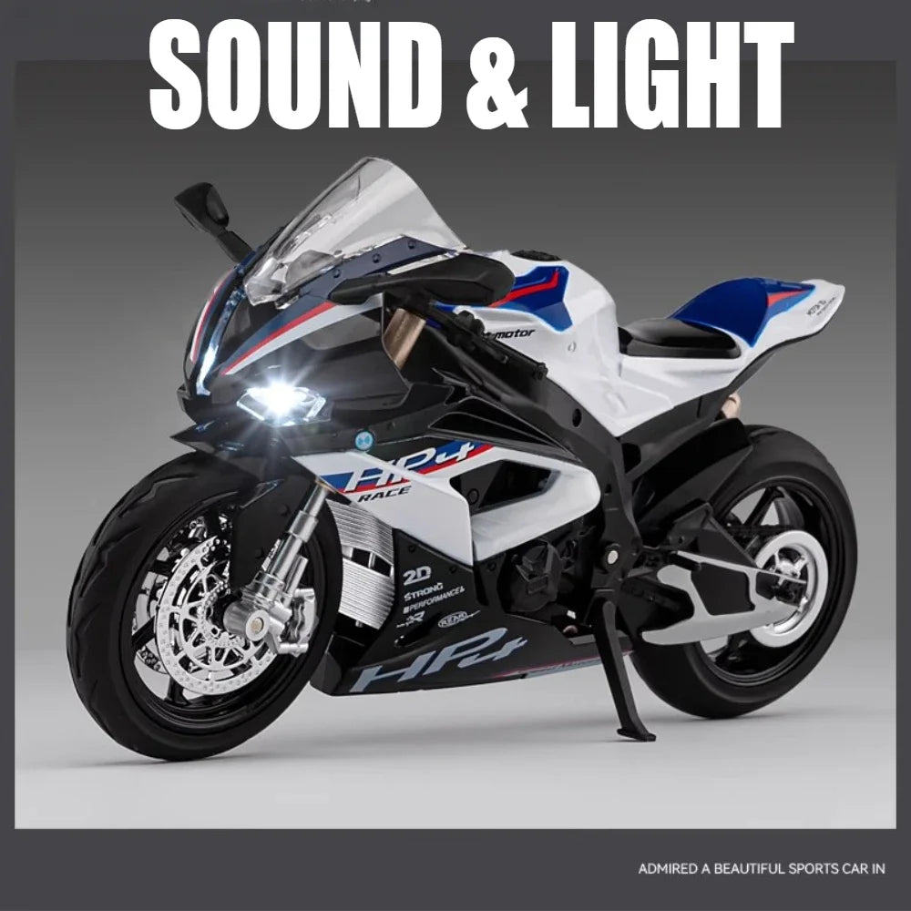 1:12 Scale BMW HP4 Motorcycle Model Car Toy Alloy Diecast Light Music Shock Absorption Motor Miniature Models Kids Birthday Gift