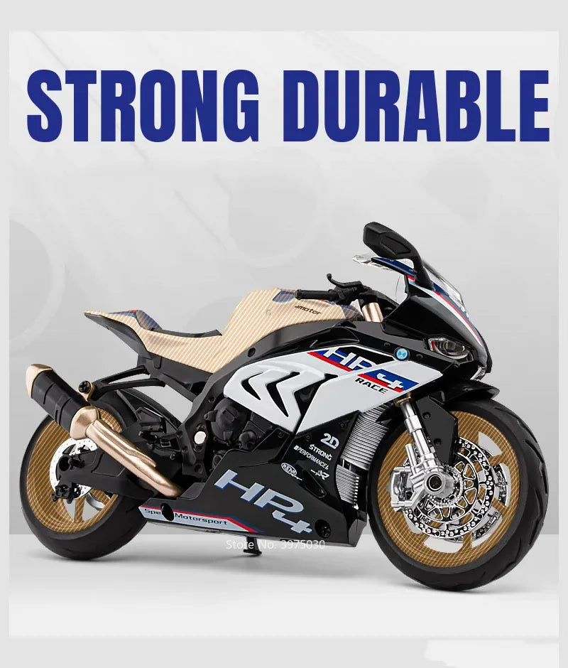 1:12 Scale BMW HP4 Motorcycle Model Car Toy Alloy Diecast Light Music Shock Absorption Motor Miniature Models Kids Birthday Gift