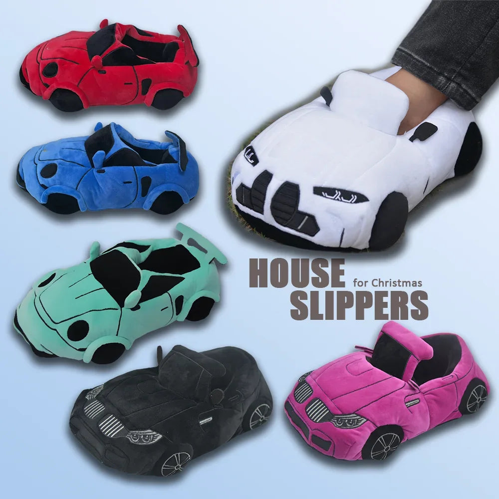 Car Plush Slippers Fun Cartoon Vehicle Shape Stuffed Shoe Winter Warm Soft House Shoes for Women Birthday Christmas