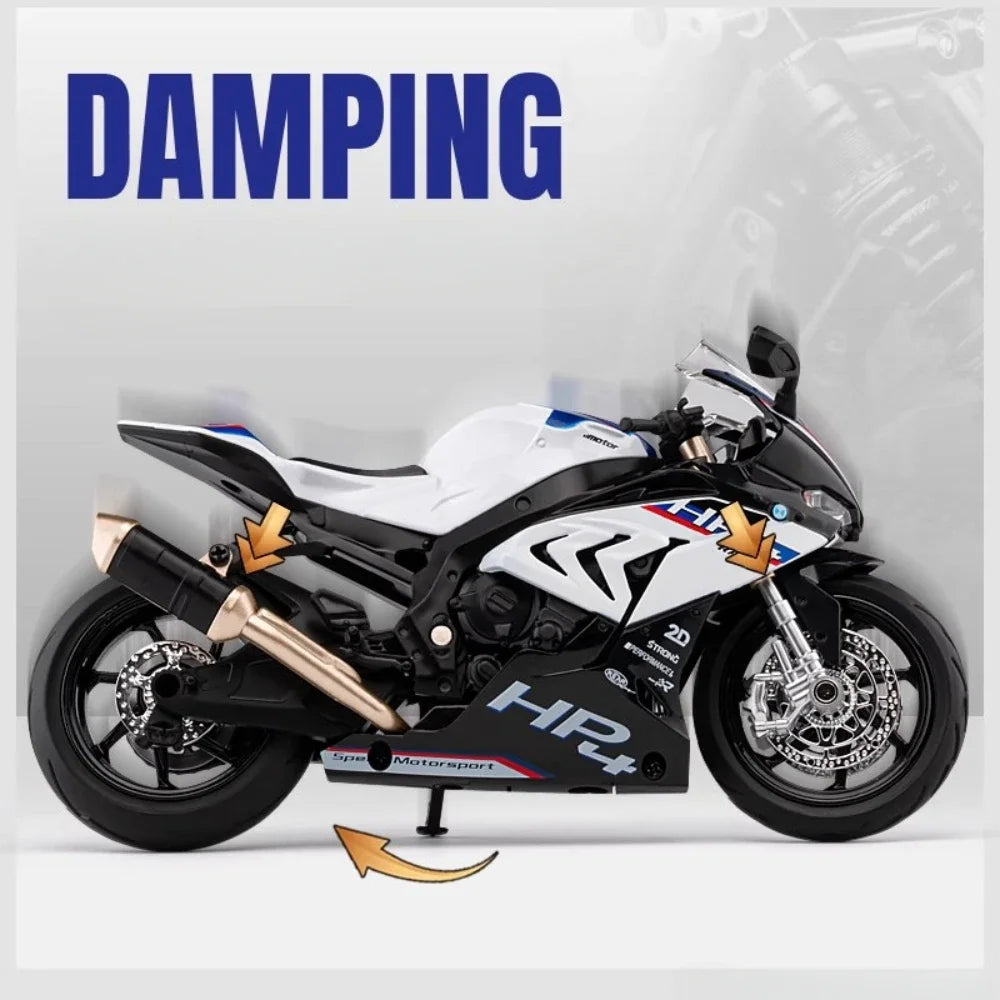 1:12 Scale BMW HP4 Motorcycle Model Car Toy Alloy Diecast Light Music Shock Absorption Motor Miniature Models Kids Birthday Gift