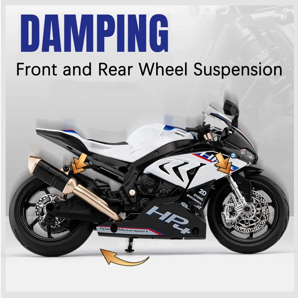 1:12 Scale BMW HP4 Motorcycle Model Car Toy Alloy Diecast Light Music Shock Absorption Motor Miniature Models Kids Birthday Gift