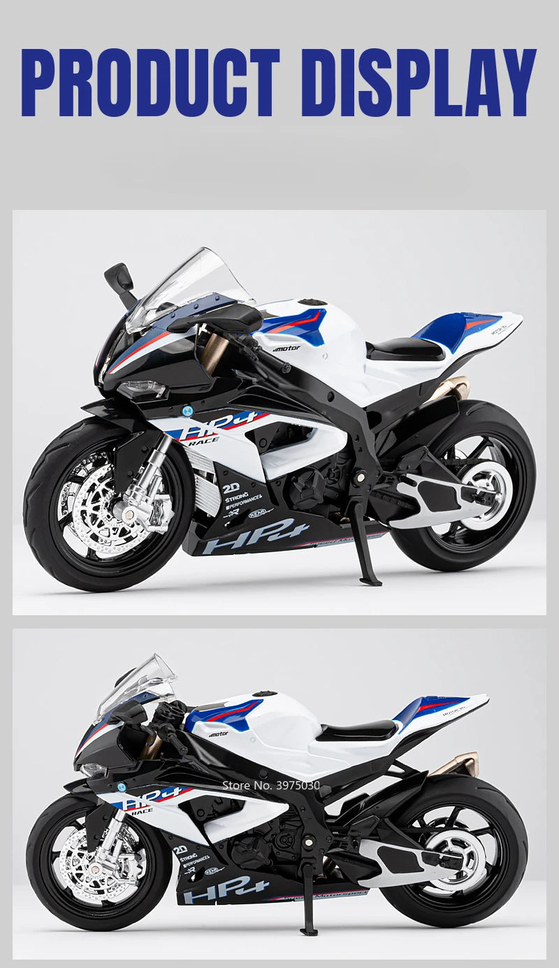 1:12 Scale BMW HP4 Motorcycle Model Car Toy Alloy Diecast Light Music Shock Absorption Motor Miniature Models Kids Birthday Gift