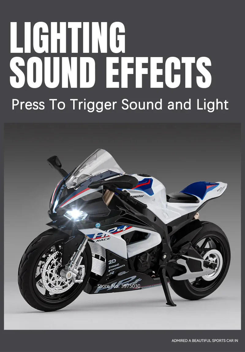 1:12 Scale BMW HP4 Motorcycle Model Car Toy Alloy Diecast Light Music Shock Absorption Motor Miniature Models Kids Birthday Gift