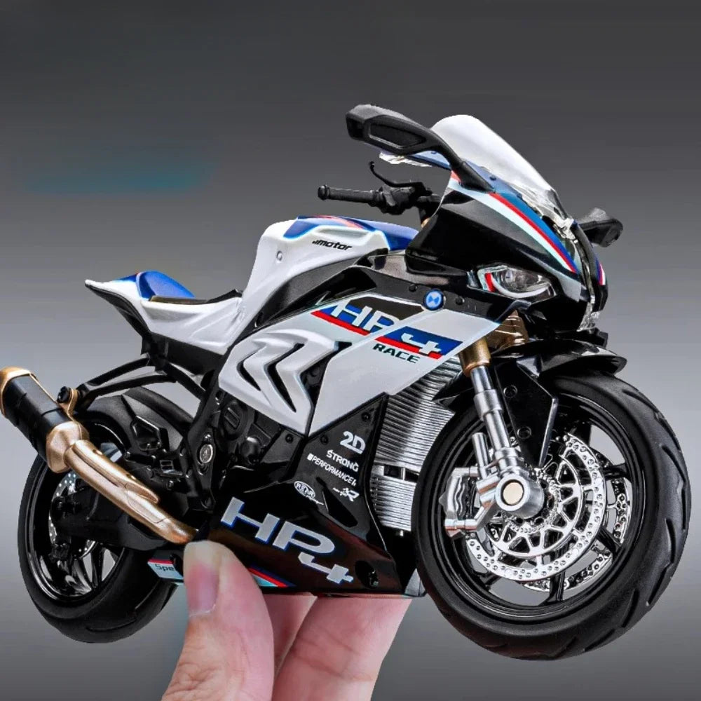 1:12 Scale BMW HP4 Motorcycle Model Car Toy Alloy Diecast Light Music Shock Absorption Motor Miniature Models Kids Birthday Gift